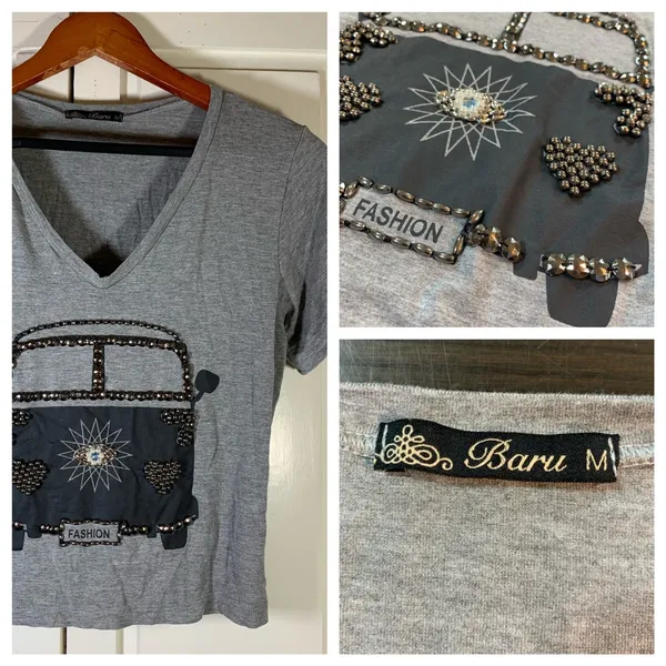 Baru Gray Beaded Graphic Tee M Brazil Van Fashion V-Neck Stretch Shirt READ‎ - Image 10