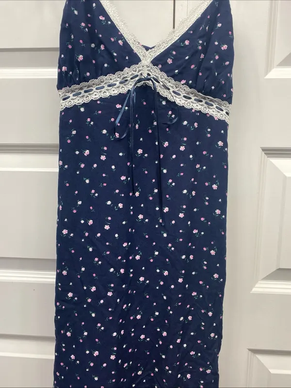 Hollister Slip Dress Small Navy Floral Lace Bow Accent Babydoll Small Open Back - Image 4