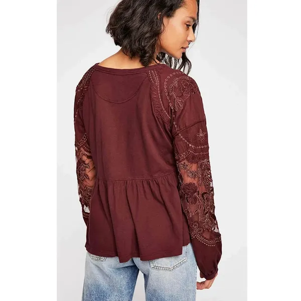 Free People | Penny Embellished-Sleeve Top In Wine | Small - Image 2