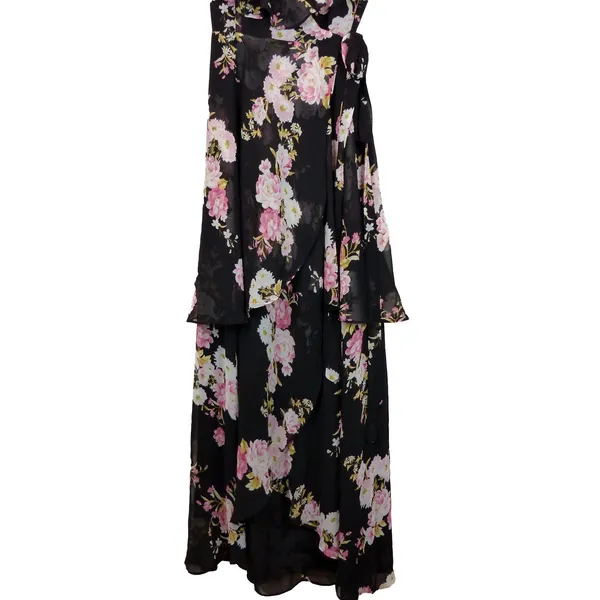 WAYF Palermo Wrap Dress Womens L Black Floral Chiffon High Low Maxi Romantic - Image 6