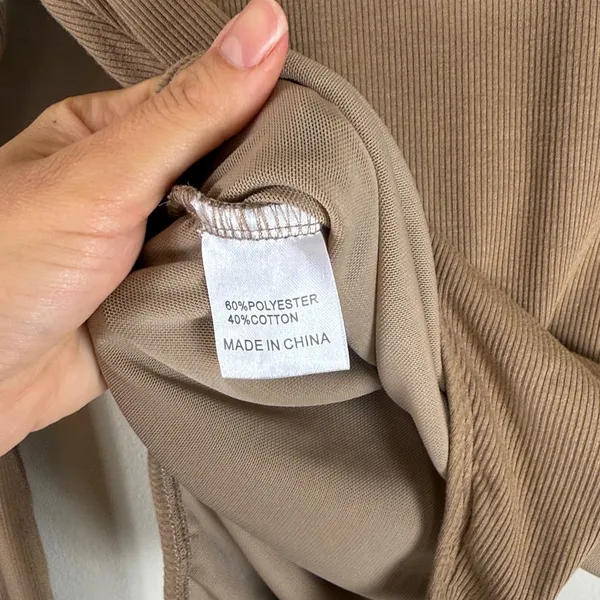 White Fox Ribbed High Neck‎ Long Sleeve Bodysuit in Tan Size Medium - Image 7