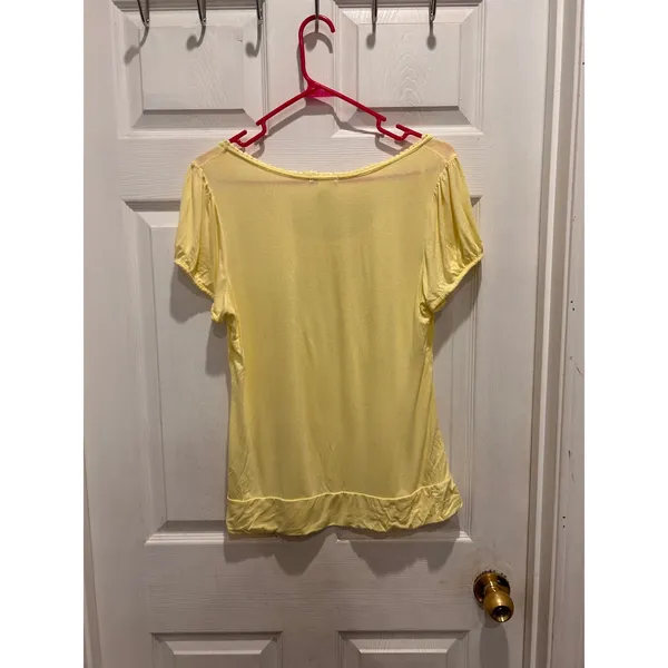 H&M‎ Yellow Scoop Neck Short Sleeve Top Pom Pom Trim Gathered Bust Large - Image 4
