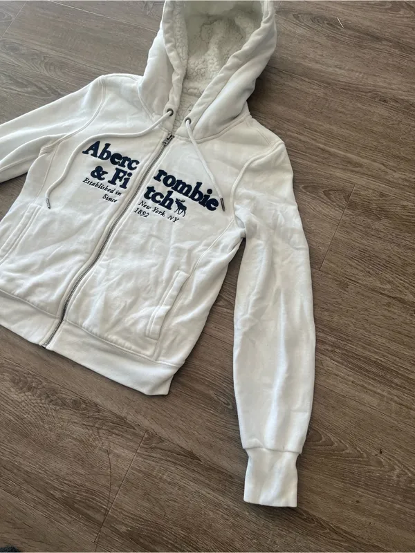 Abercrombie & Fitch Y2K Hoodie Womens XS White Sherpa Lined Full Zip Vintage - Image 5