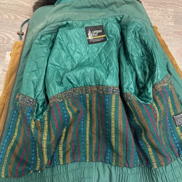 Y2K 90s London Fog Green Thinsulate Bomber Jacket Faux Fur Hood Toggle Womens M - Image 3