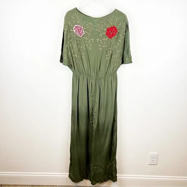 Anthropologie Seen‎ Worn & Kept Embroidered Satin Jumpsuit S Green Boho Chic - Image 2