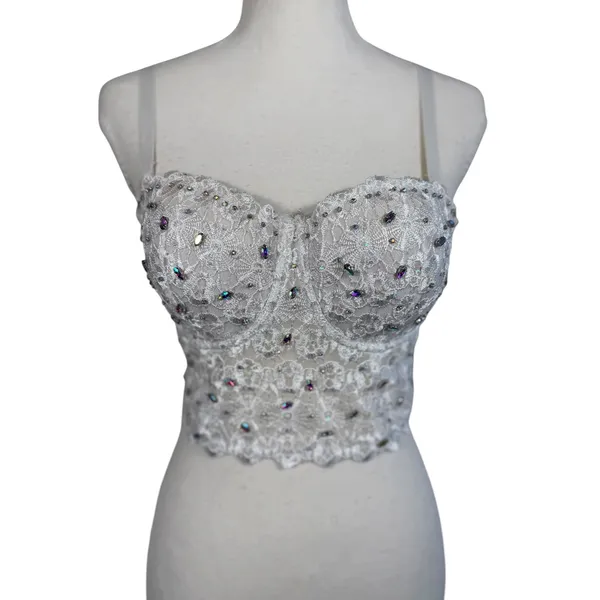 White Lace Bustier Crop Top Womens M Beaded Rhinestone Corset Cami Y2K Bridal - Image 7