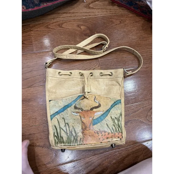 Emily Ann Bucket Bag Vintage Hand Painted‎ Gazelle Tan Leather Drawstring OS - Image 9