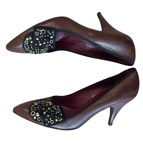 Prada Vintage Brown Leather Studded Grommet Bow Pumps Pointed Toe IT40 9.5 - Image 7