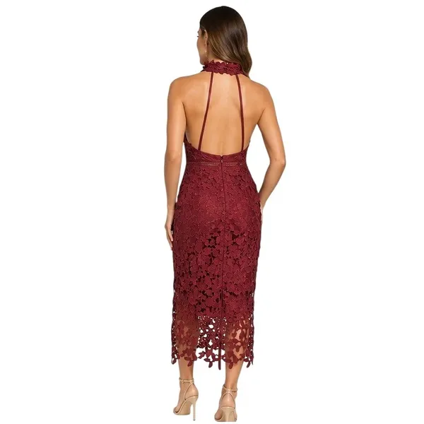 Bardot Gemma Burgundy Lace Halter Midi Dress XS 4 NWT $119 Open Back - Image 2