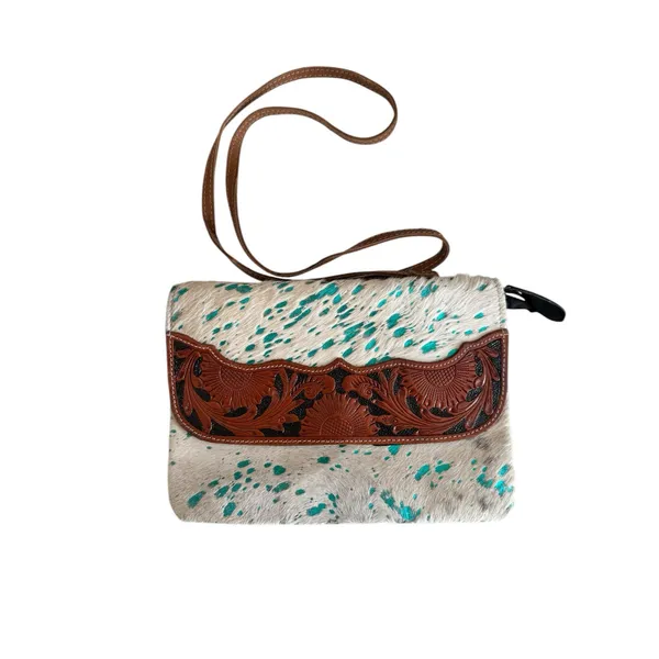 Myra Bag Turquoise-Speckled Cowhide Crossbody with Tooled Leather Trim - Image 12