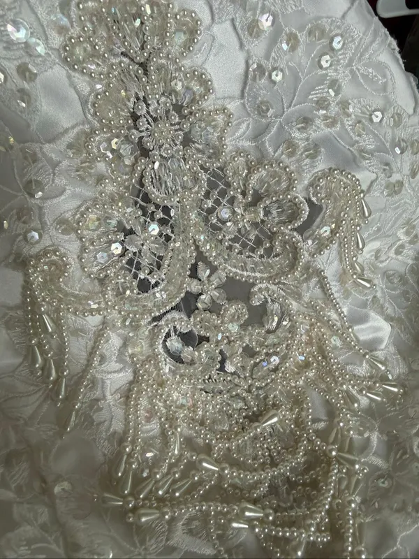 Vintage 80s Wedding Dress Heavily Embellished Long Sleeve Plunging Back S M 6 - Image 13