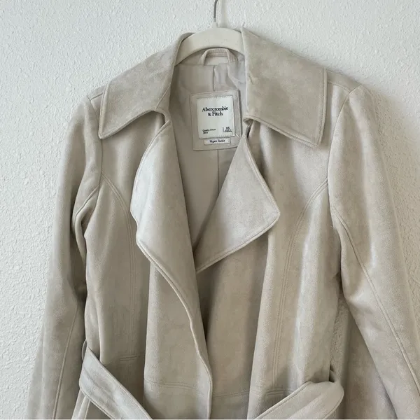 Abercrombie & Fitch Vegan Suede Trench Coat Cream Size XS Luxury Neutral - Image 5