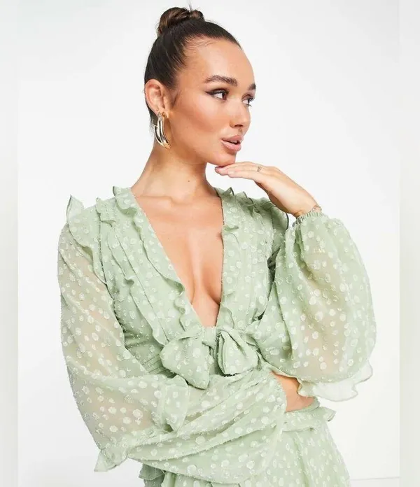 ASOS Pleat Detail Midi Dress In Jacquard Satin Spot With Tie Detail In Sage - Image 2