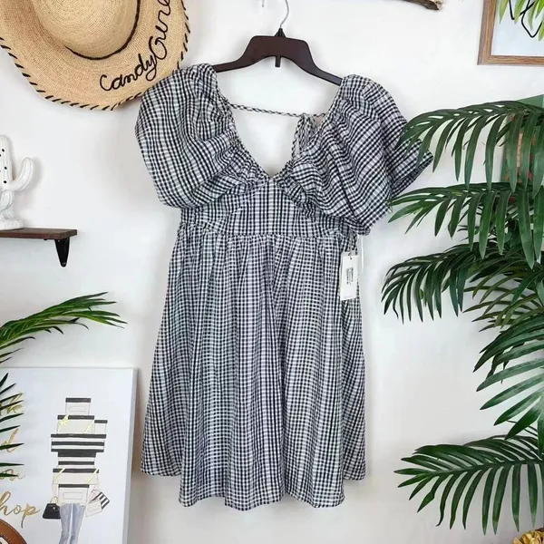 Moon River Afternoon Sunshine Multi Plaid Puff Sleeve Mini Dress - Image 3