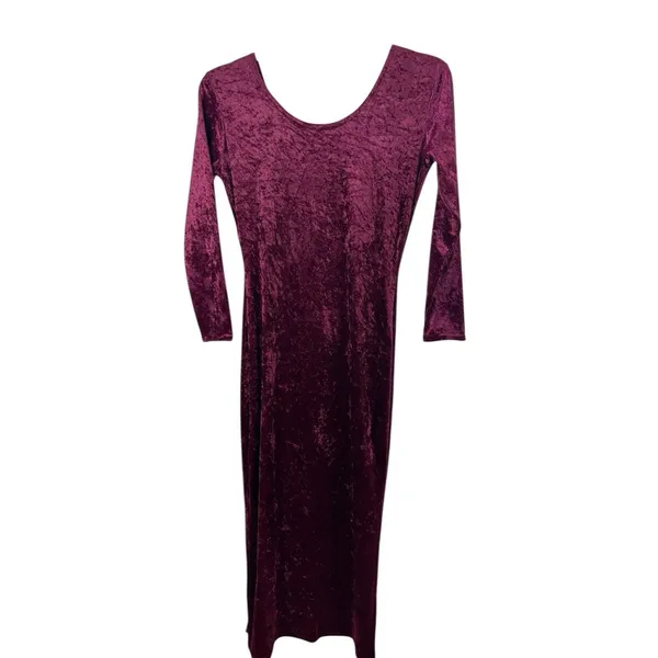 Crushed Velvet Maxi Dress Burgundy Deep VNeck Button Front Gold Sparkle Lining S - Image 2