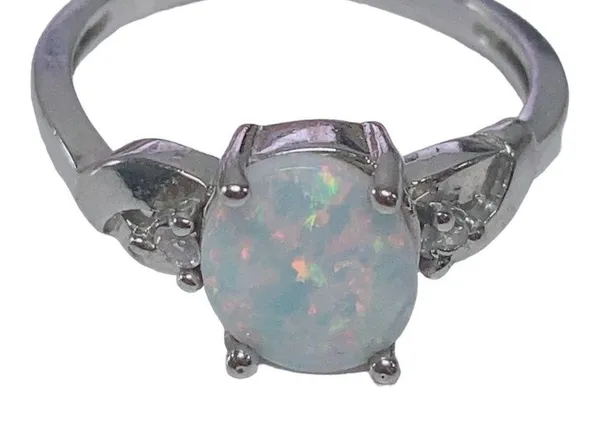 Oval Shape Opal Silvertone Ring 7.75 - Image 2
