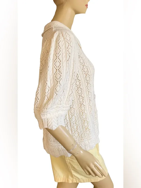 Lands' End Pointelle Knit Cotton Blend White Puffed Sleeve Cardigan (Xl) - Image 5
