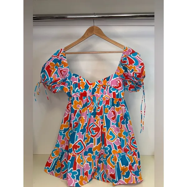 NWT Amanda Uprichard Sicily Miami Blue Multicolor Puff-Sleeve Mini Dress -Med - Image 3