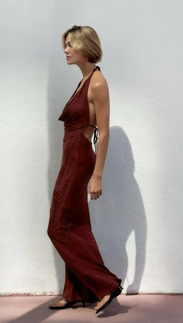 Zara Burgundy maxi Halter open back Dress wedding evening holiday party - Image 10