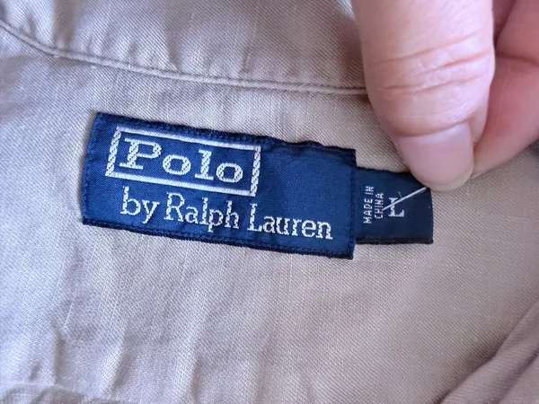 . Vintage 90s Polo Ralph Lauren Camp Shirts Mens L Linen Beige Classic Shirt Butt - Image 7