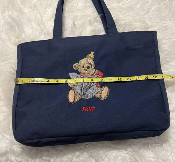Vintage Steiff Canvas Tote Bag Embroidered Steiff Teddy Bear Zipper Closure Blue - Image 10