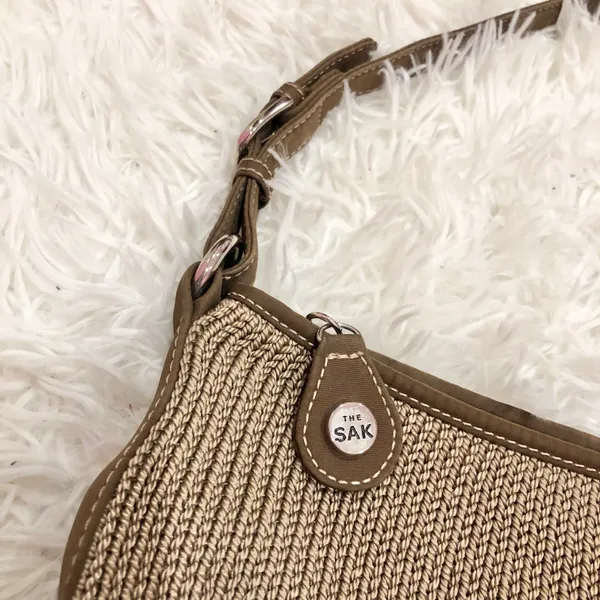 The Sak Woven Crochet Hobo Bag Tan Beige Plaid Lining - Image 4