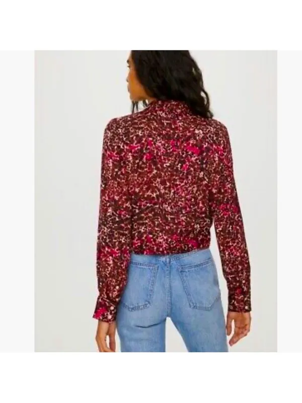 Wilfred Aritzia Silky Tie Front Button Down Abstract Brown Fuschia Blouse Small - Image 11