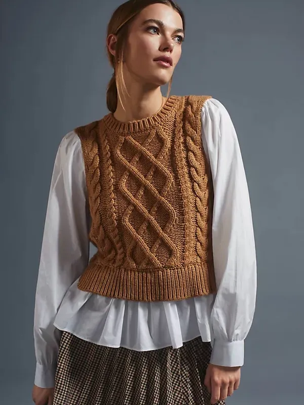 By Anthropologie Cable Knit Sweater Vest & Blouse Layered Top Size Medium - Image 2