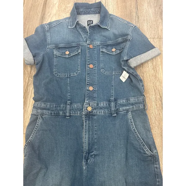 Gap Women Blue Denim Utility Jumpsuit Short Sleeve Button Front Romper Size 10 - Image 5
