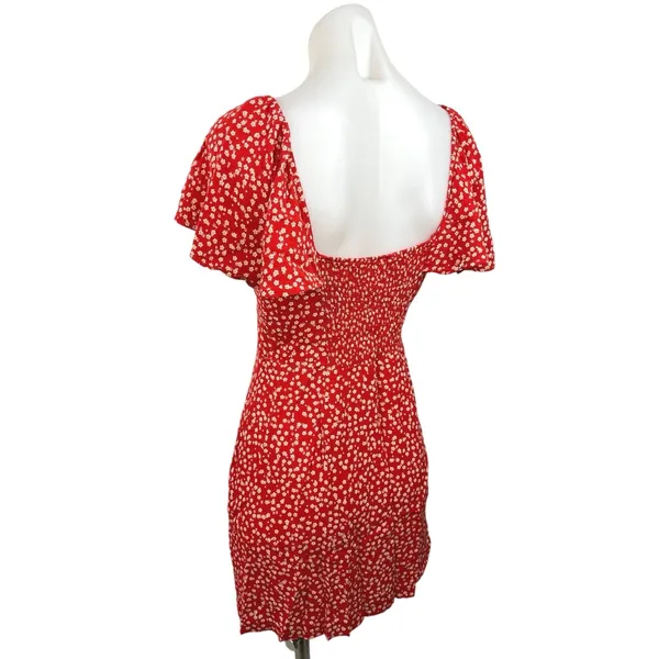 Zara Red Floral Sweetheart Neck Flutter Sleeve Bow Smocked Back Mini Dress Sz S - Image 4