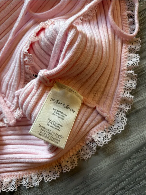 For Love & Lemons Pale Pink Ribbed Lace-Trim Tank - Image 3