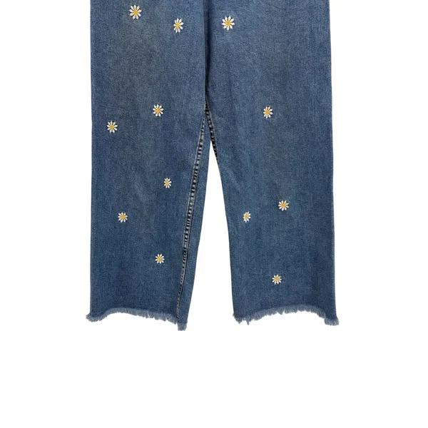 Desigual Embroidered Daisy Cropped Culotte Jeans‎ Wide Leg Blue Denim 40 US 8 - Image 4