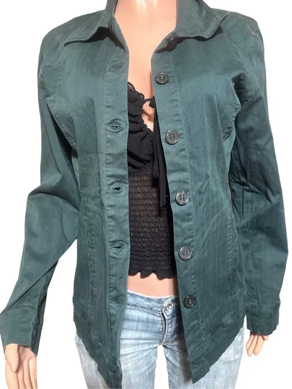 Women's spruce button up textured stripe denim jacket M Green Size M - Image 5