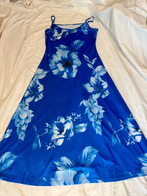 Y2K Royal Blue Floral Maxi Slip Dress Size Large 90s Whimsygoth Resort Wear - Image 2