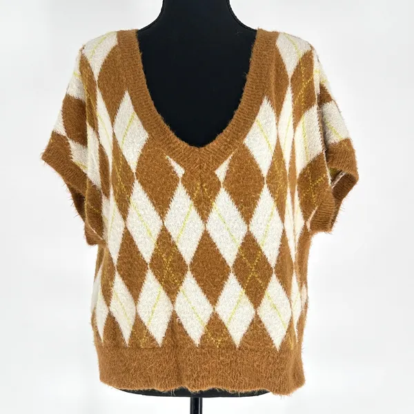 Free People Sweater Vest Women's Through the Motion Argyle Boxy Tan Cream Medium - Image 3