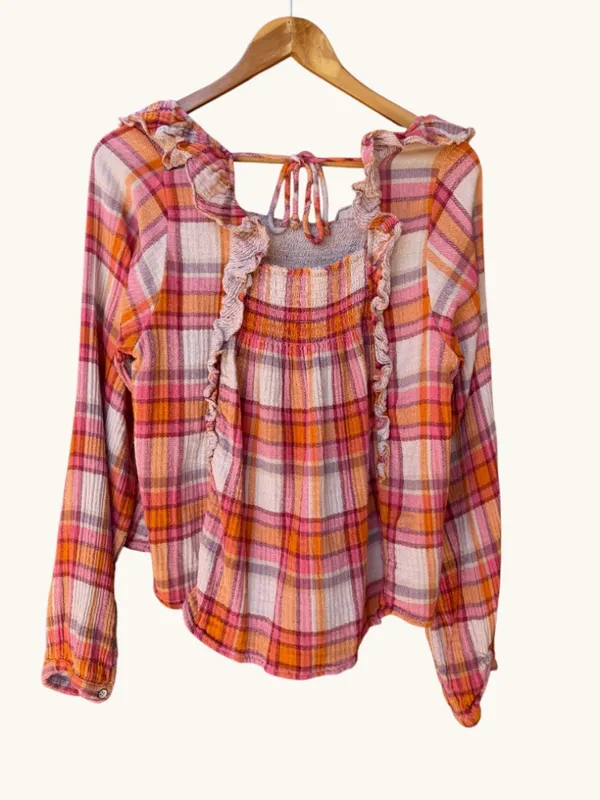 Free People Sienna Plaid Smocked Gauze Crinkle Blouse - Image 4