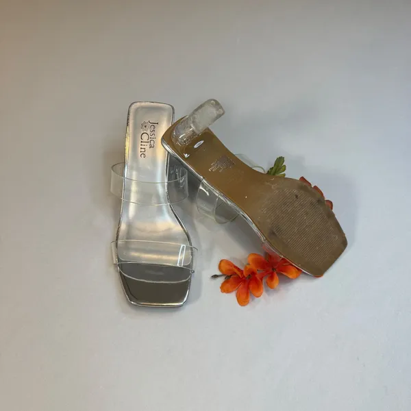 Jessica Cline Silver Metallic Clear Strap Block Heel‎ Slide Sandals Square Toe 7 - Image 6