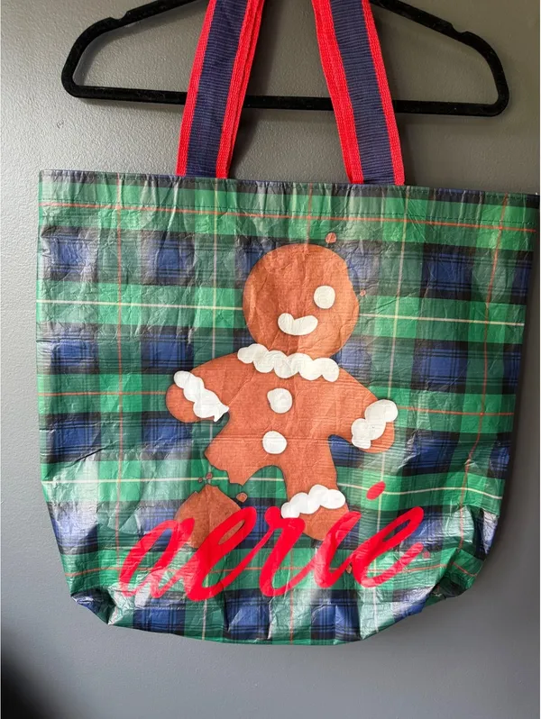 Aerie Holiday Gingerbread Tote Bag with Red and Navy Handles - Image 2