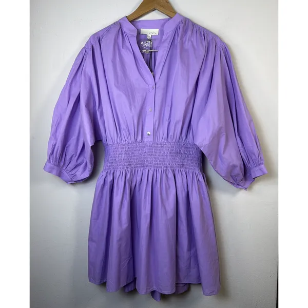 Pinch Mini Dress Womens Med Purple Pleated Puff Sleeve Boho Preppy smocked NWT - Image 3