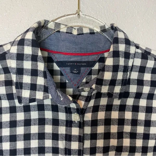 TOMMY HILFIGER Navy & Cream Gingham Button Down Collared Top Size M - Image 2