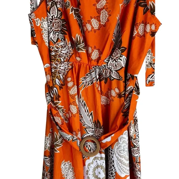 Chicme Belted Maxi Dress Womens XL Orange Floral Lightweight Resort Vacation - Image 3