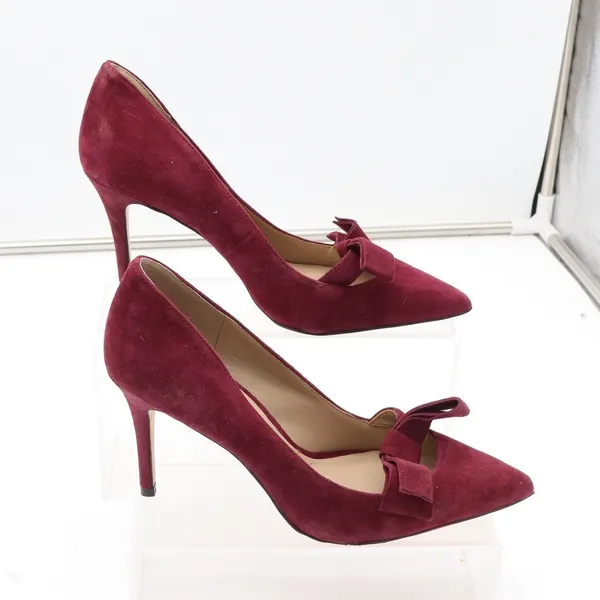 Ann Taylor Pumps Womens 9 Bow Pointed Toe Burgundy Suede Stiletto Good - Image 3