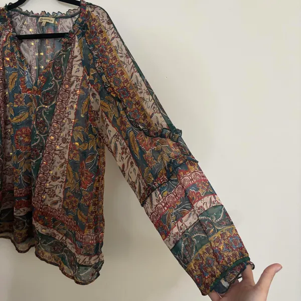 Democracy floral BoHo printed metallic thread sheer peasant blouse tunic - Image 5