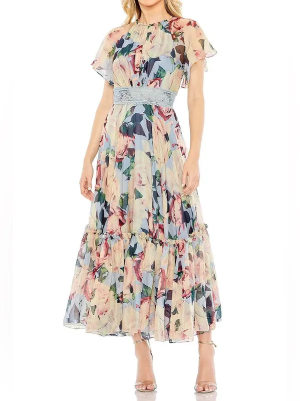 Mac Duggal Size 2 Blue Floral Flutter Lace Trim Midi Dress Gown - Image 3