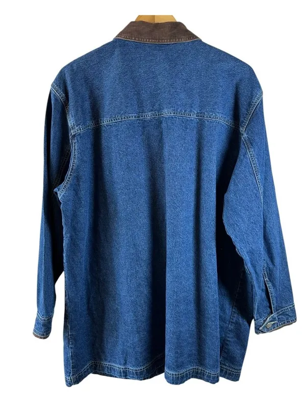 St John's Bay Women's 1X Denim Chore Barn Jacket Brown Corduroy Collar Blue - Image 6