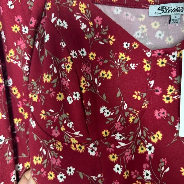 Stilletto's Size-L Dress Burgundy Mini Floral‎ Ballon Sleeves Pockets - Image 7
