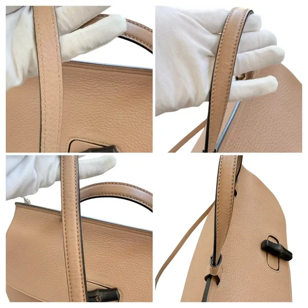 Gucci Large Bamboo Daily 370830 Camel Leather Top Handle 2Way Bag Striped Lining - Image 9