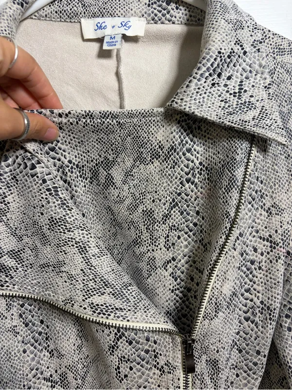She + sky Snake-Print Cropped Moto Jacket in Taupe/Black size medium - Image 2