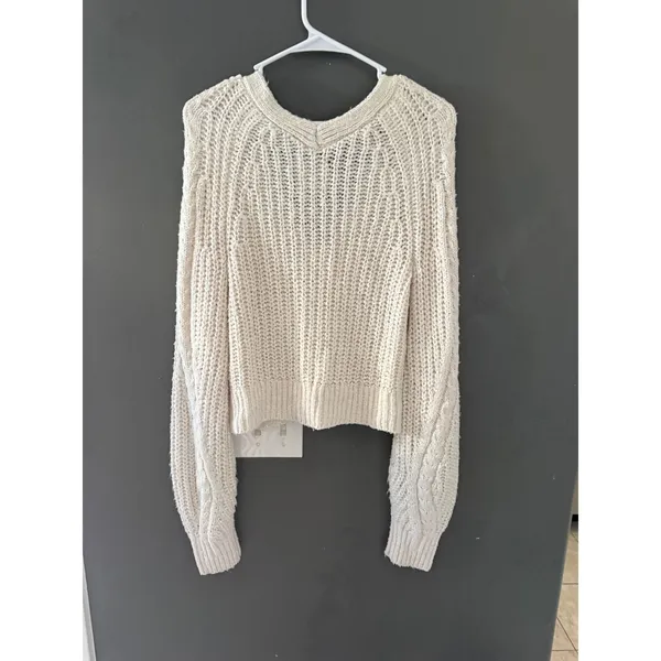 Abercrombie &‎ Fitch Womens XS Cream Chunky Knit Cropped V-Neck Cardigan Sweater - Image 5