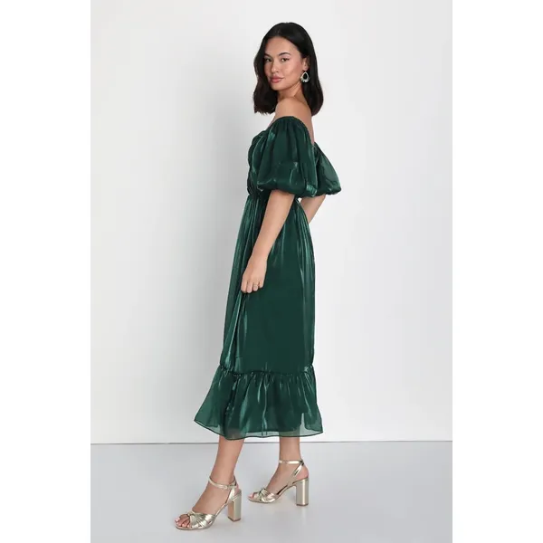 NWOT Lulus Remarkable Sensation Emerald Green Puff Sleeve Tiered Midi Dress Sz S - Image 5